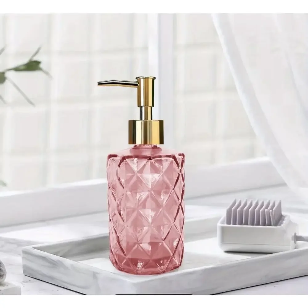 11.16 Ounce Glass Diamond Pink With Gold Top Soap Dispensers 2 Pack New